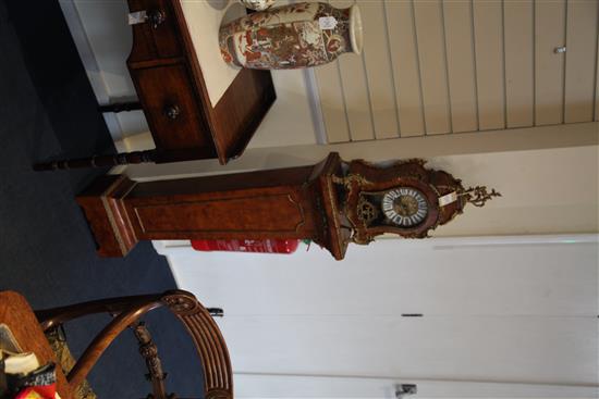 A Louis XVI style ormolu mounted burr wood mantel clock and pedestal, overall height 5ft 4in.